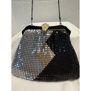 Vintage Black Silver Gold Metallic Zippered Evening Bag Purse Chain Strap